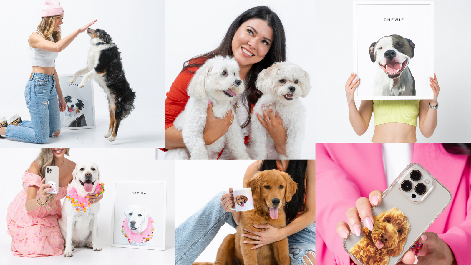 six pictures of customers with their pets and products from Portfolio Pet